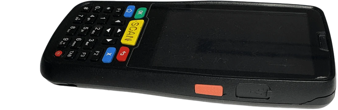 A rugged handheld reader with a keypad and a yellow scan key