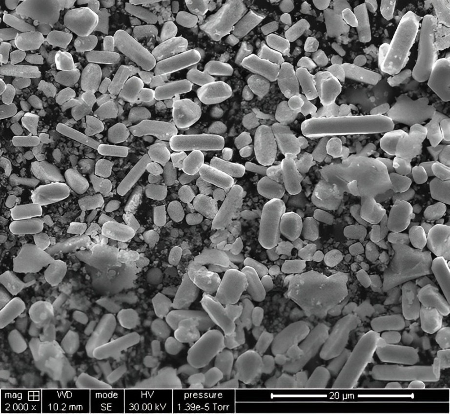 Conventional solid-state phosphor: large, irregular, broken particles